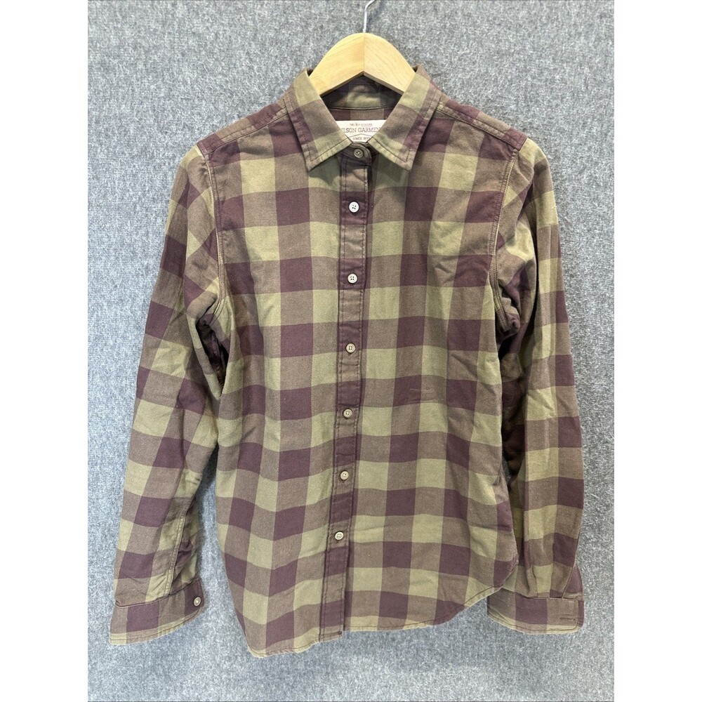 Filson Flannel Women’s Small Olive Green Purple Plaid Button Up Shirt Hiking